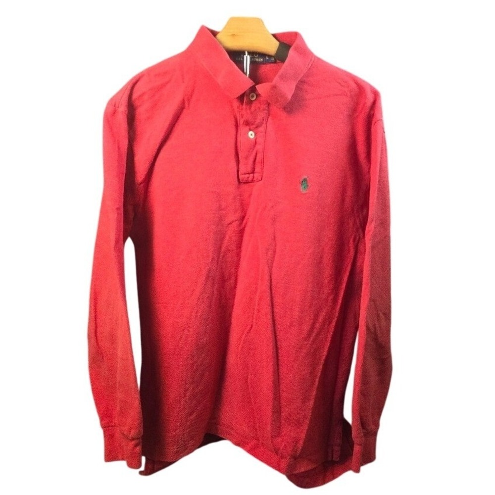 Polo Ralph Lauren Mens Long Sleeve Polo Shirt Red Pique Cotton Pony‎ Logo Large